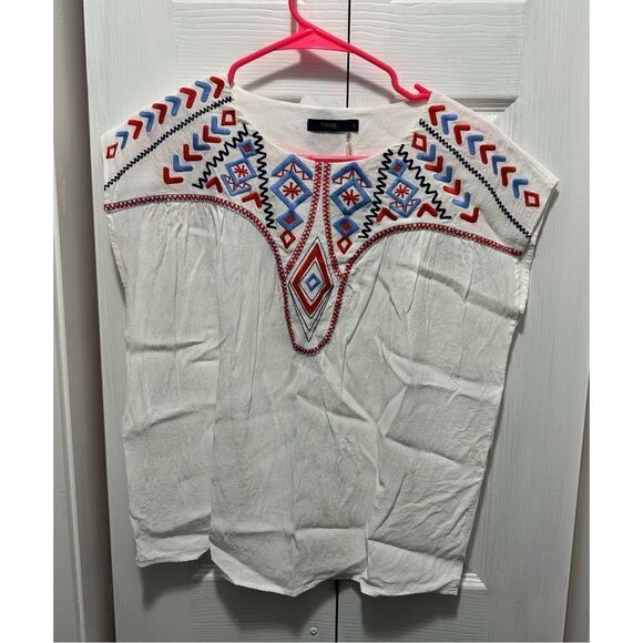 THML ￼Anthropology Boho Embroidered Top Cap Sleeve White Small - Picture 1 of 7